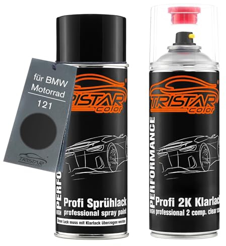 TRISTARcolor Motorradlack Spraydose für BMW Motorrad 121 Schwarz Matt +2K | Set aus Basislack + 2K Klarlack, Sprühdosen 400ml
