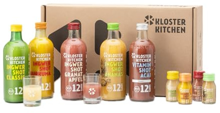 Kloster Kitchen Bio Ingwer Shot Probierset L I 5 Sorten 5x 360 ml + 5x 30 ml mit echten Ingwerstückchen I Geschenkset Ingwershot vegan I süß-scharf & mit natürlicher Süße (inkl. 1,25€ EINWEG Pfand)