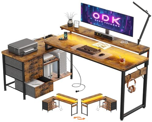 ODK Schreibtisch L Form mit Schubladen, 174x100cm Eckschreibtisch mit Regal Reversibler, Gaming Tisch L Form mit LED&Monitorständer, Computertisch Bürotisch für Arbeitszimmer Schlafzimmer, Braun