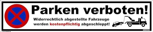 kleberio® Parkplatzschild Parken verboten Verbotsschild Verkehrsschild Einfahrt freihalten Privatgrundstück 52 x 11 cm - Parken verboten - ohne Bohrlöcher
