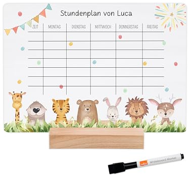 wunderwunsch® - Personalisierbarer & Abwaschbarer Stundenplan aus Acryl + Stift und Holzhalter - Einschulung Geschenk, für Schultüte zum Schulanfang oder Grundschule (Tiere Wiese,ohne Holzhalter)