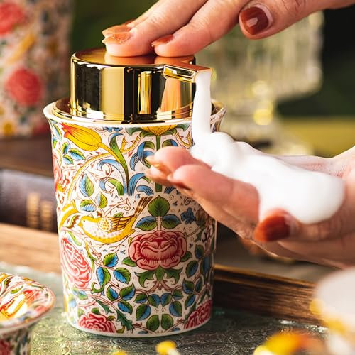 Distributeur de savon moussant en céramique vintage rose pour salle de bain et cuisine - Distributeur de lotion liquide rechargeable à pompe
