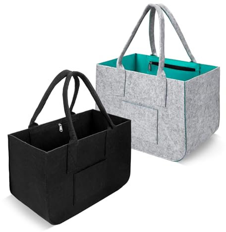 POFIBO Filztaschen Shopper, 2er Set Filztasche mit Fächern und Reißverschluss, 20L Faltbare Einkaufskörb für Einkauf & Aufbewahrung, Wiederverwendbare und Robuste Einkaufstasche(39x26x20 cm)