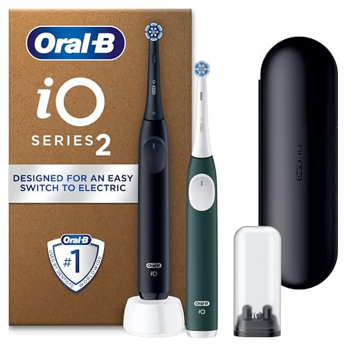 Oral-B iO2 Duo Electric Toothbrushes, 2 Gentle Care Toothbrush Heads, 1 Travel Case, 1 Travel Refill Holder, Toothbrush for Adults (Night Black and Forest Green), Designed by Braun, 2 Pin UK Plug