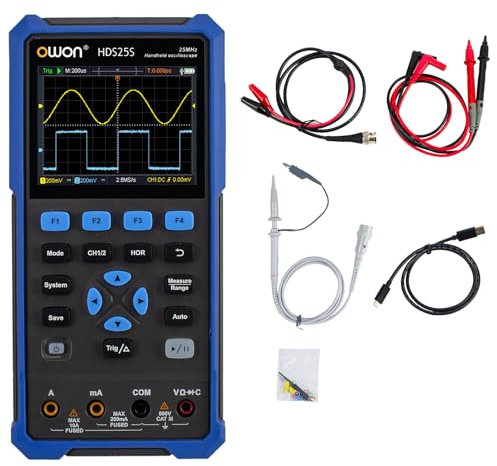 OWON HDS25S 3 in 1 Handheld Digital Oscilloscope, 25MHz Bandwidth 2 Channel Digital Oscilloscope with 1 channel Waveform Generator, 20000 Counts multimeter, with USB Type C and 3.5 Inch LCD Display