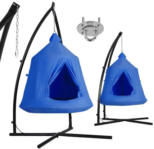 Clevich Hammock Chair with Stand for Indoor Outdoor Use, Hanging Swing Seat | with Inflatable Cushion & LED Lights, Heavy-Duty Steel Frame for Garden Patio or Living Room, Supports up to 150kg, Blue
