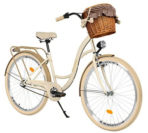 MILORD Damenfahrrad Citybike Komfort Mit Weidenkorb Hollandrad Vintage Fahrrad, 26, 28 Zoll, 3-Gang (Creme-Braun, 28 Zoll)