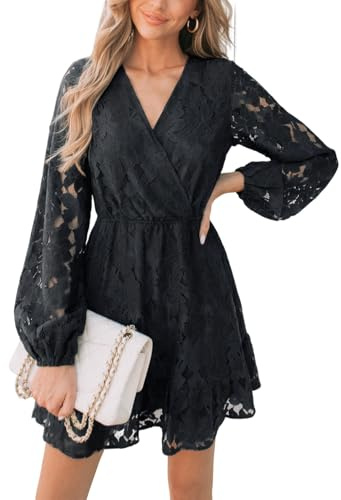 CUPSHE Abito estivo da donna elegante con scollo a V in pizzo manica contadina elastico a vita alta una linea casual per ospiti di nozze mini abito, nero, XL