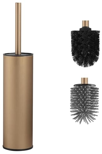 DAZI scopino bagno wc metallico, scopino wc oro champagne spazzolato con 2 spazzolone bagno wc a manico lungo per una pulizia profonda del lavandino
