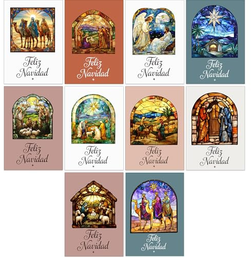 Bear and Bee Set de 30 Tarjetas de Navidad Religiosas A6 con Vidrieras – 10 Diseños Cristianos con Sobres Blancos