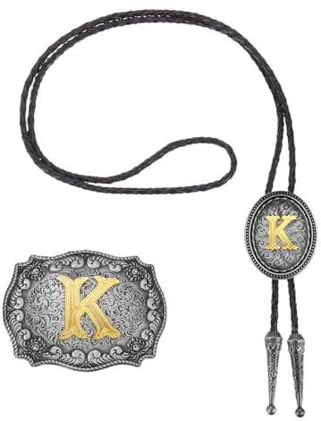 QUARKZMAN Juego De Corbata Bolo Y Hebilla De Cinturón Gris Negro/Dorado