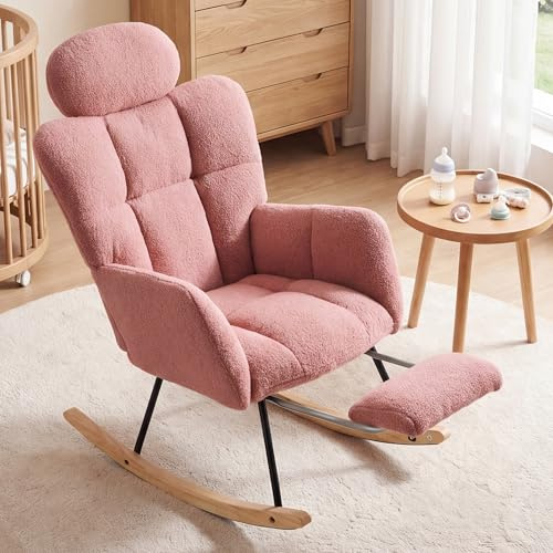 DEKKETO Fauteuil a Bascule Allaitement avec Repose-Pied et Appui-tête Rose