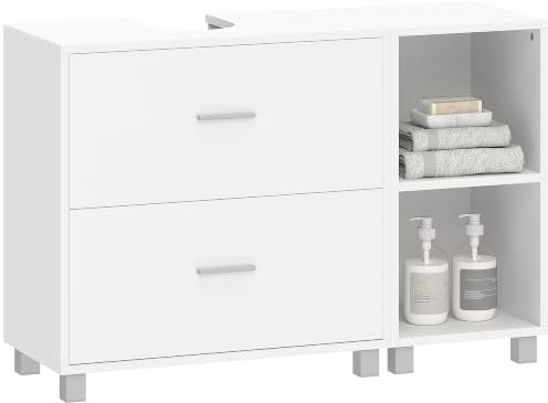 HOMCOM Mueble Bajo Lavabo, Mueble Baño para Pedestal 90x30x60 cm Blanco | 2 Cajones, 2 Estantes Abiertos, Estilo Moderno