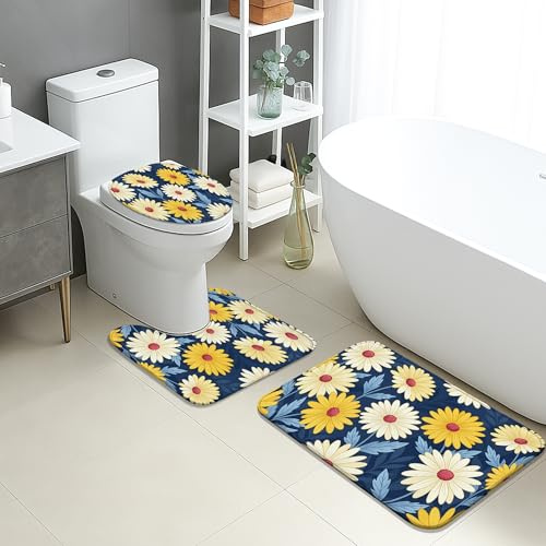 Juego de 3 alfombrillas de baño con diseño de crisantemo y flores azules, absorbentes, antideslizantes, en forma de U, lavables, de franela de secado rápido