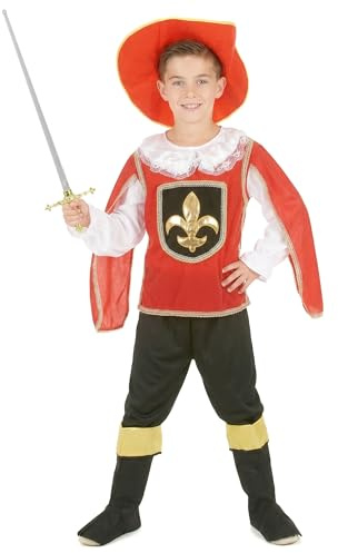 DEGUISE TOI - Déguisement Mousquetaire rouge garçon - Chapeau - Chemise - Pantacourt - 2 sur-bottes - M 7-9 ans (120-130 cm) - Rouge - Déguisements enfants - 100% Polyester - Lavage à la main -