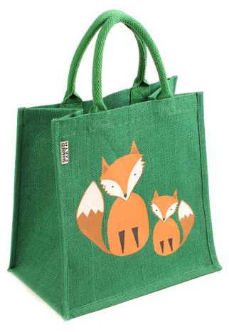 Shared Earth Jute Bag Shopping Bag Padded Handles Green With Foxes