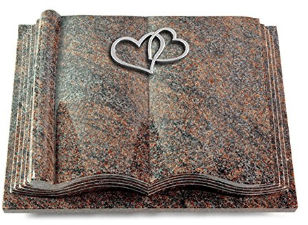 MEMORUM Grabmale Grabbuch, Grabplatte, Grabstein, Grabkissen, Urnengrabstein, Liegegrabstein Modell Antique 40 x 30 x 8-9 cm Paradiso-Granit, poliert inkl. Gravur (Aluminium-Ornament Herzen)