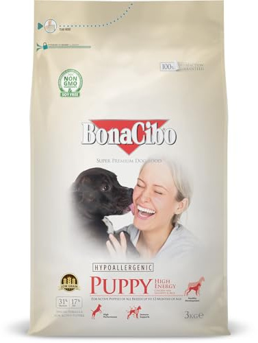 BONACIBO High Energy Hundefutter für Welpen | Super Premium Welpenfutter für aktive welpen Aller rassen bis zu 1 Jahr | Huhn Reis und Sardellen | 3 KG