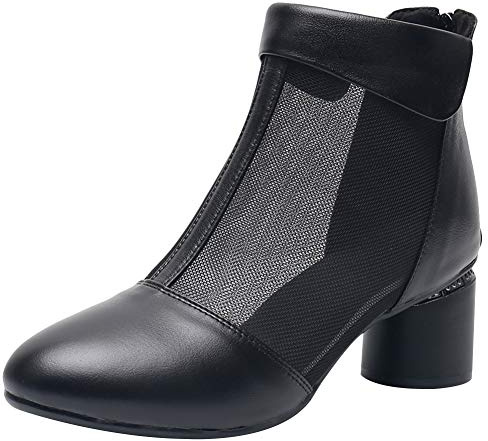 Jamron Mujer Elegante Talón de Bloque Botines Respirable Malla Verano Pumps Botas Negro SN02664 EU37