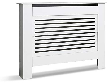 Mondeer Radiator Cover, Medium, White, W109 x D19 x H82 cm | MDF Cabinet Modern Horizontal Slat Design for Living Room Bedroom Hallway