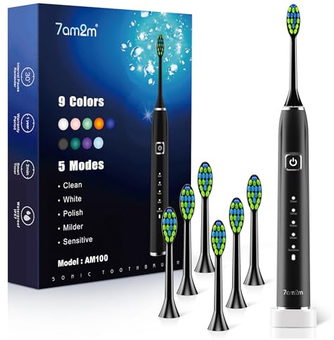 7AM2M Sonic Electric Toothbrush with 6 Brush Heads for Adults&Kids, One Charge for 120 Days, Wireless Fast Charge, 5 Modes, 40000VPM Powered Toothbrush, 2 Minutes Built in Smart Timer (Black)