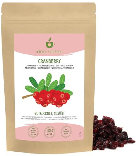 IDDA Herbal Mirtilli Rossi Secchi 1kg, Mirtilli Rossi Essiccati, Dolcificati con Succo di Frutta