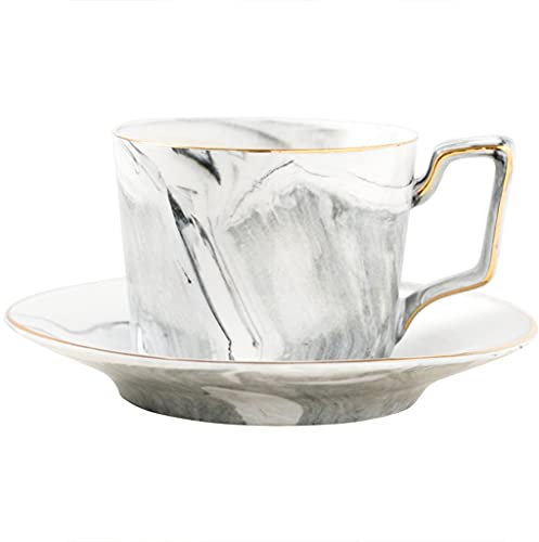 Coffee Cups Ceramic 6.8 Oz, Porcelain Cup and Saucer Set, Coffee Mug with Spoon Espresso Cups Porcelain Tea Set with Gold Trim, Mug Gift Set for Men Women Dad Mom
