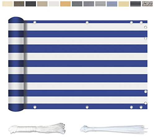 YangAera Balkon Sichtschutz 95x1000CM, Windschutz Wasserdicht und UV-Schutz Balkonabdeckung - mit Ösen Kabelbinder und Kordel, für Balkongeländer Terrasse Garten (Blaue und Weiße Streifen)