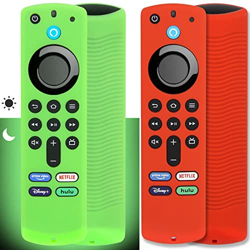 Paquete de 2 Fundas para Control Remoto Pinowu Compatible con Control Remoto de Voz Firestick de 3ª generación, Funda de Silicona Antideslizante con cordón (Verde Brillante y Rojo no Brillante)