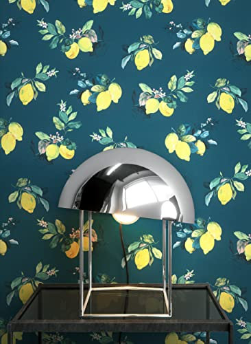 Newroom Tapete Blau Vlies Zitronen - Landhaus Modern Früchte Muster für Küche Wohnzimmer Schlafzimmer