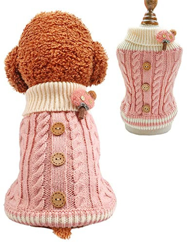 Haustier-Strickpullover, geflochten, Rollkragenpullover für kleine Hunde und Katzen, warm, weich, mit Knopf, Blumen-Design (L, Rosa)