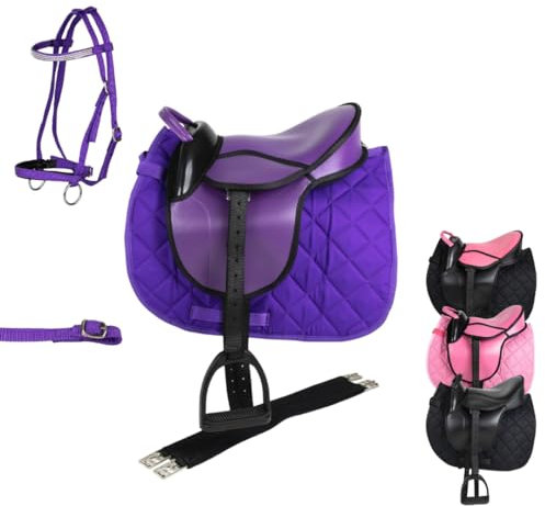 Marengos - Holzpferd Sattel Set | Sattel für Holzpferd mit Sattelgurt, Schabracke, Trense, Steigbügel & -Riemen | Sattel aus Kunstleder | Sattel-Typ Advanced in violett | Größe 12