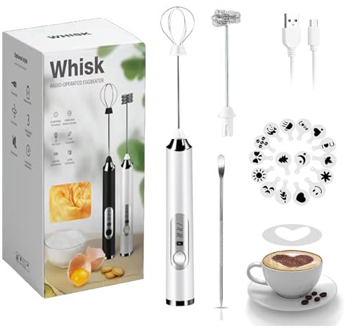 JrundMsoxz Espumador de leche eléctrico de mano, batidor de espumador recargable de 3 velocidades con 2 batidores y plantillas de decoración de café, mezclador de espumador de café, diseño de pie,