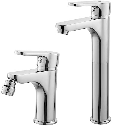 Set miscelatori lavabo Alto e Bidet monocomando, in Ottone Cromato, con piletta di Scarico Inclusa, Paco
