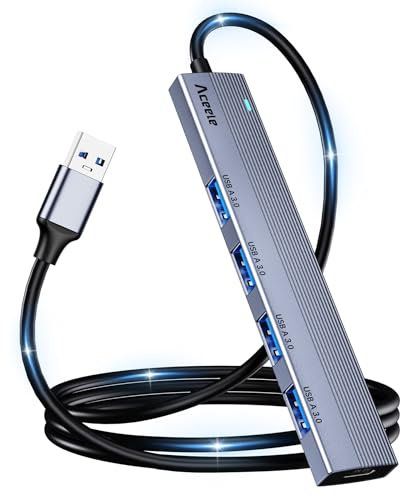 Aceele Ultra Fin Data Hub USB vers 4 Ports USB 3.0 avec câble étendu de 4ft, 5Gbit/s Adaptateur USB Hub Multiports USB pour MacBook, iMac, Surface Pro, XPS, PC Portable, clés USB, Disque Dur Mobile.