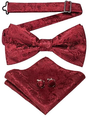 JEMYGINS Paisley fluga och näsduk med manschettknappar set för män, full vinröd, M