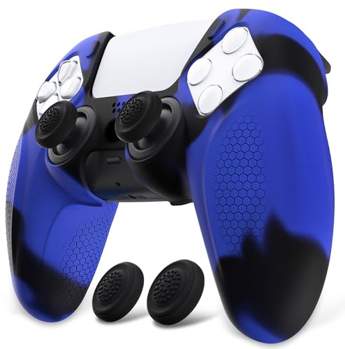PlayVital Anti-Rutsch Hülle für PS5 Controller, Ladestation kompatibel | Schutzhülle Case Skin für playstation 5, Ergonomische Griffe, mit Thumbstick-Kappen, Ninja Edition, Blau&Schwarz