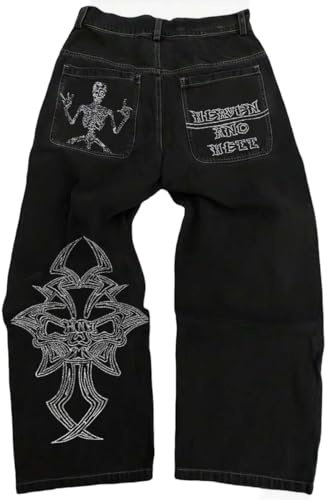 OATSBAS Y2K Jeans da Uomo in Denim con Larghi Pantaloni Baggy, Ricamo a Teschio, Jeans gotici a Gamba Dritta e Larga, Pantalone Hip Hop Streetwear, Nero-Bianco, S