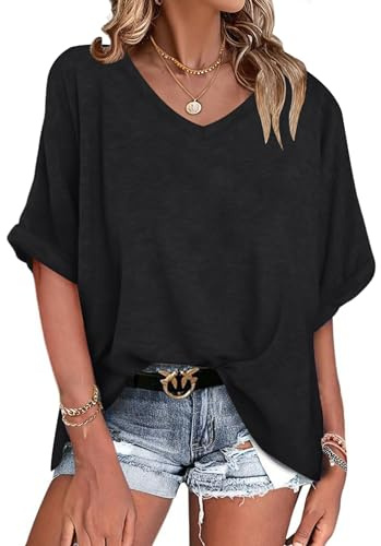 WNEEDU Tee Shirt Oversize Femme Col V été Haut Femme Manches Courtes Chemisier Top été Décontractée Léger et Aéré Grande Taille Noir XL