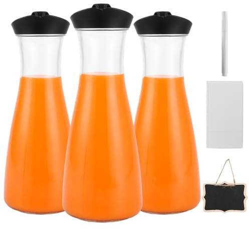 LDXDRU Caraffa in vetro, set da 3 pezzi, 1 litro con coperchio, caraffa in vetro con coperchio, brocca in vetro per latte, bevande succo, tè freddo, bevande fatte in casa