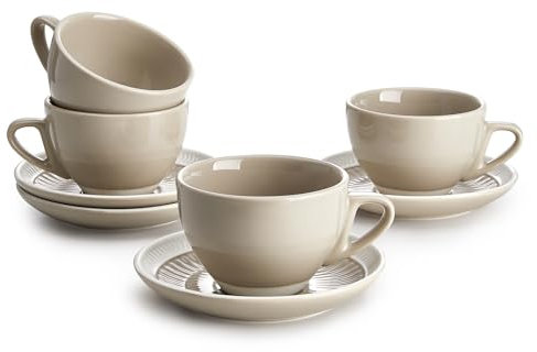 Sweese 6 Ounce Cappuccino Cups with Saucers, Porcelain Double Espresso Cups Set of 4 - Gray