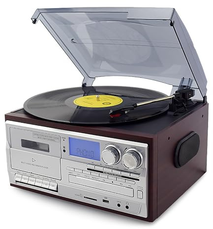 Tocadiscos vintage Bluetooth, retro, con reproductor de CD, altavoces integrados, 3 velocidades, radio AM/FM, reproductor de música clásico para los amantes del vinilo