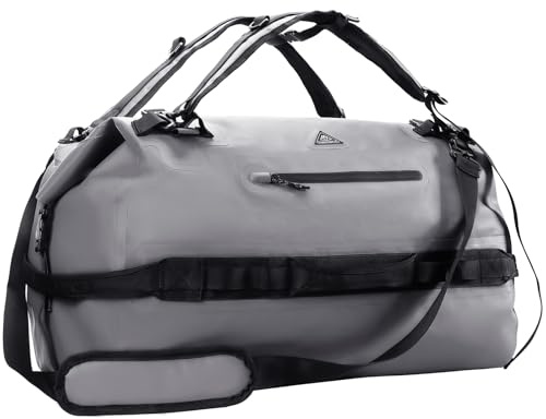 Haimont IPX7 Wasserdichter Rolltop Dry Duffel Bag Reisetasche Rucksack Grau | Seesack 60/90L Größen wasserdicht Tasche Boot Kajak Strand Kanu Camping 500D Tarpaulin, Verschweißte Nähte, Netztaschen