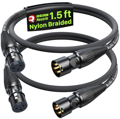 Short XLR Cables 1.5ft 2 Pack, Gold-Plated Rean Connectors from Neutrik, Kevlar-Reinforced Nylon Braided Microphone Cable, Mic Cable, Durable Shielded and Balanced XLR Male to Female Cord