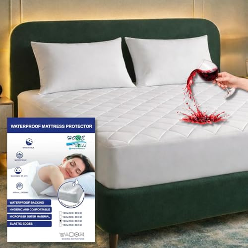 HOME STILL King Mattress Protector, 160x200x30 cm, 100% Waterproof Quilted Microfiber Fitted Cover, Breathable Top, Waterproof Bottom, Antibacterial, Machine Washable