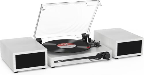 Udreamer Plattenspieler mit 2 Dual-Stereo-Lautsprechern, Vintage Plattenspieler Bluetooth 5.3 unterstützt 3 Geschwindigkeiten, AUX-In, Cinch-Line, USB, kabellose Wiedergabe, Weiß