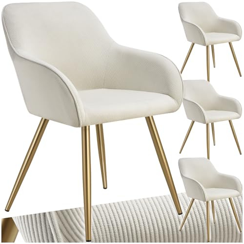 tectake® 4X Esszimmerstuhl, Sessel bequem mit Armlehne, Polsterstuhl, Cord Cocktailsessel, Loungesessel für Wohnzimmer, Esszimmer, Moderne Küchenstühle, Bürostuhl - Creme/Gold