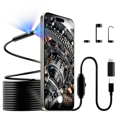[Dual-Lens] Borescope Camera with Light, 1920P HD Endoscope with 8+1 Adjustable LED Lights, IP67 Waterproof 16.5ft Semi-Rigid Snake Cable Inspection Camera for iPhone, iPad and Android Phone (Type C)