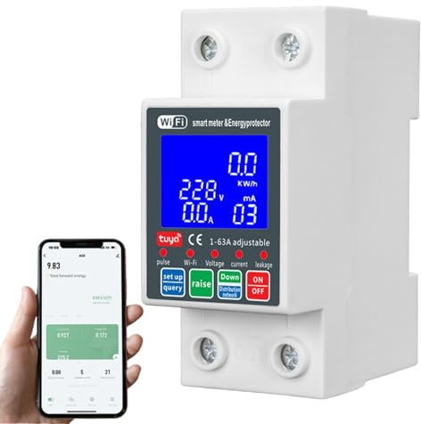 Jadeshay Smart Meter Tuya WiFi Circuit Breaker 2P AC230V 63A Wifi Smart Metering Switch with Backlight, Over Under Voltage Protection Current Energy Monitor