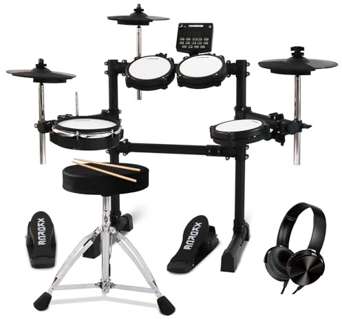 Xkorce Electronic Drum Set Electric Drum Kit with 4 Quiet Mesh Pads, 360 Sounds, 2 Pedals, Headphones, Sticks, Dual Bluetooth function, Suit for Beginner